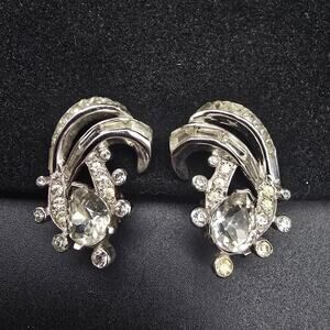 Mazer Rhinestone Clip On Earrings Silver Tone Jomaz Signed